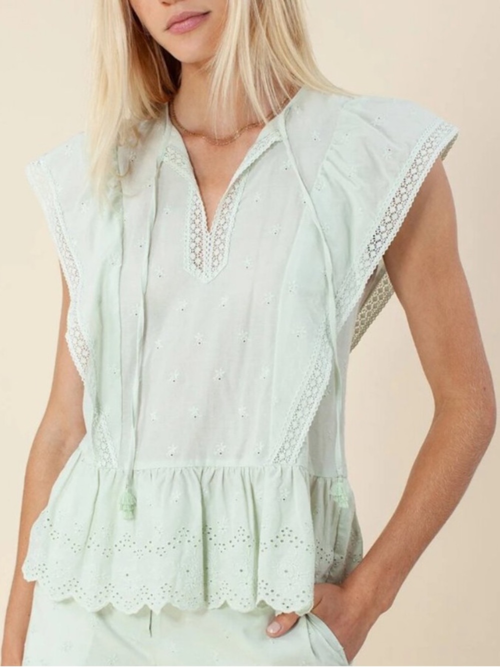 HALE BOB Hero Eyelet Peplum Top - Light Mint